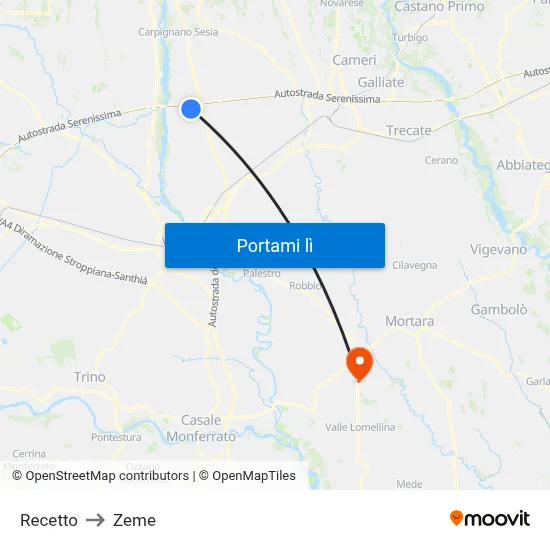 Recetto to Zeme map