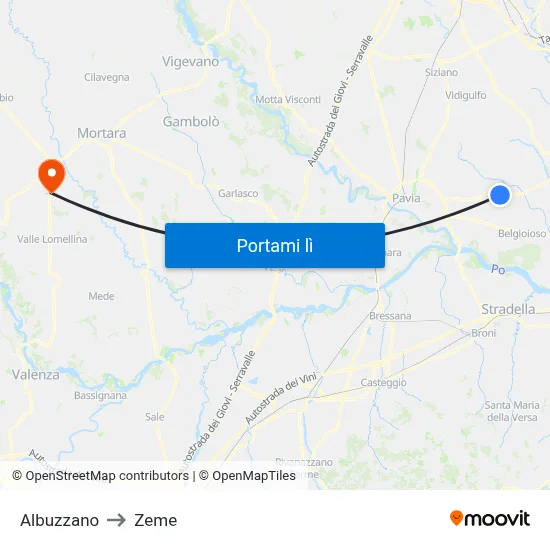 Albuzzano to Zeme map