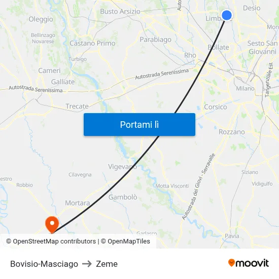 Bovisio-Masciago to Zeme map