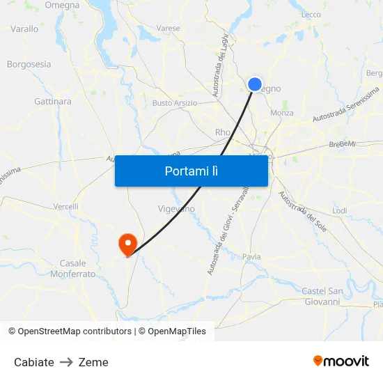 Cabiate to Zeme map