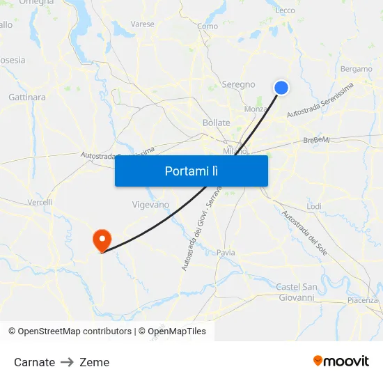 Carnate to Zeme map