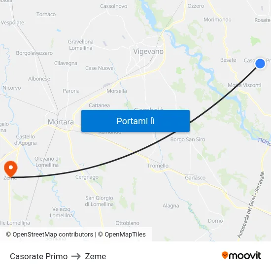 Casorate Primo to Zeme map