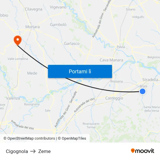 Cigognola to Zeme map