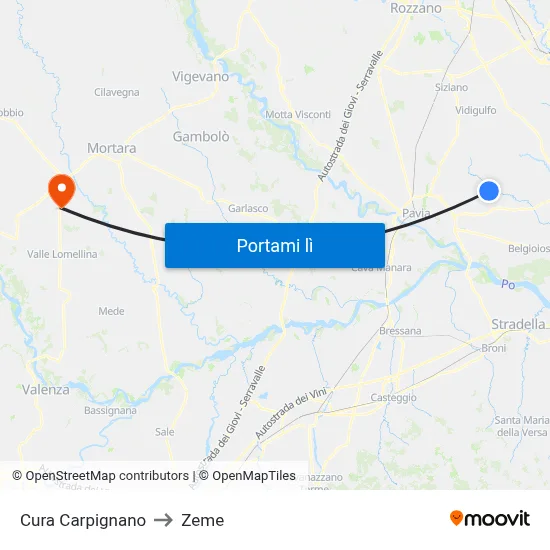 Cura Carpignano to Zeme map