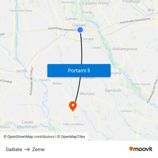 Galliate to Zeme map