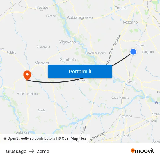 Giussago to Zeme map