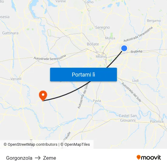 Gorgonzola to Zeme map