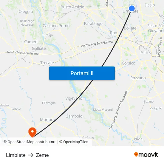 Limbiate to Zeme map