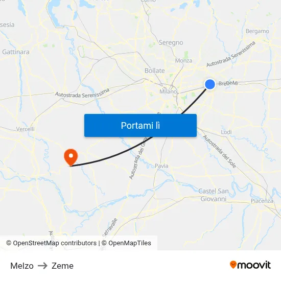 Melzo to Zeme map