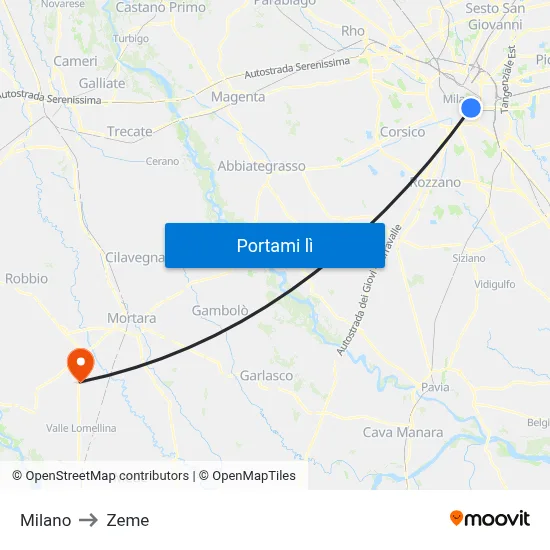 Milano to Zeme map