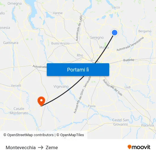 Montevecchia to Zeme map