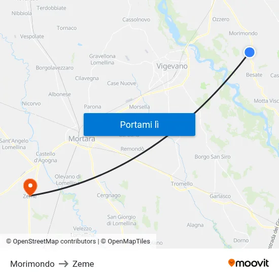 Morimondo to Zeme map