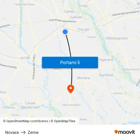 Novara to Zeme map