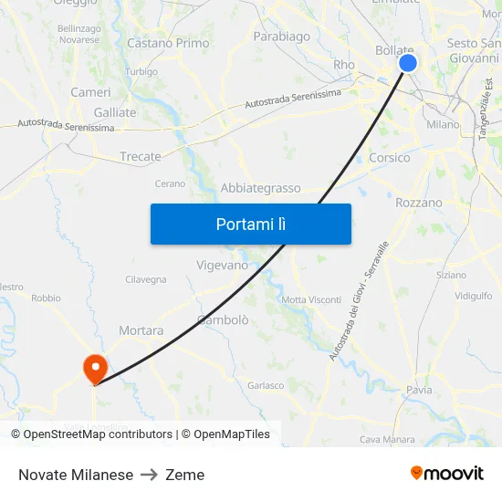 Novate Milanese to Zeme map