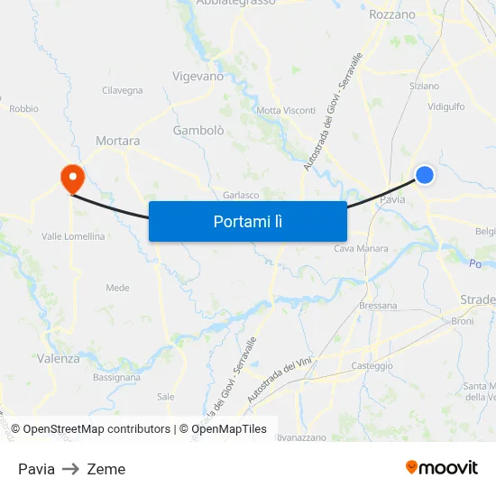Pavia to Zeme map