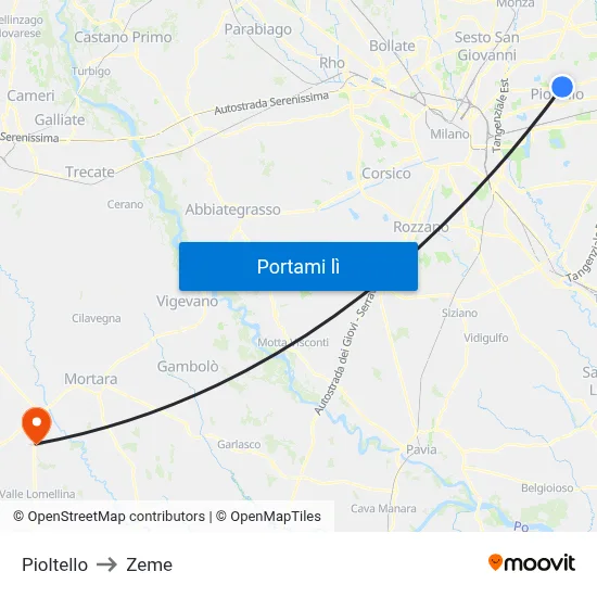 Pioltello to Zeme map