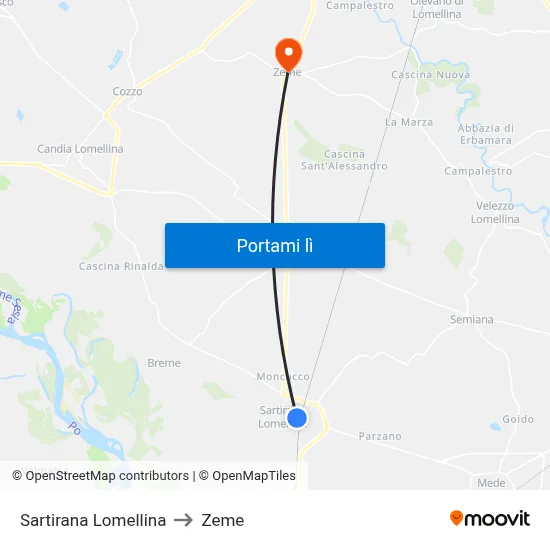 Sartirana Lomellina to Zeme map