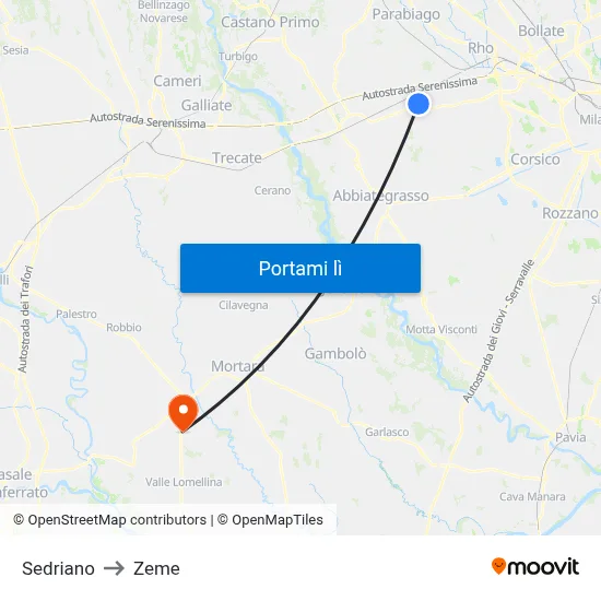 Sedriano to Zeme map