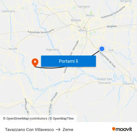 Tavazzano Con Villavesco to Zeme map