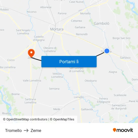 Tromello to Zeme map