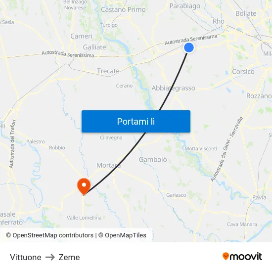 Vittuone to Zeme map