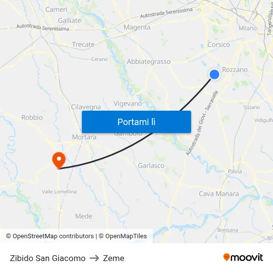 Zibido San Giacomo to Zeme map