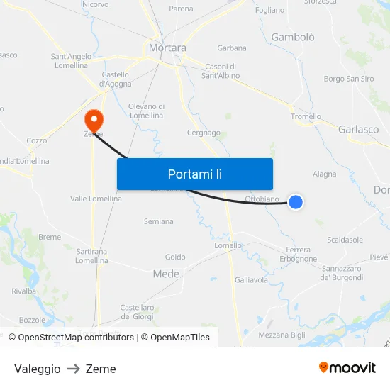 Valeggio to Zeme map