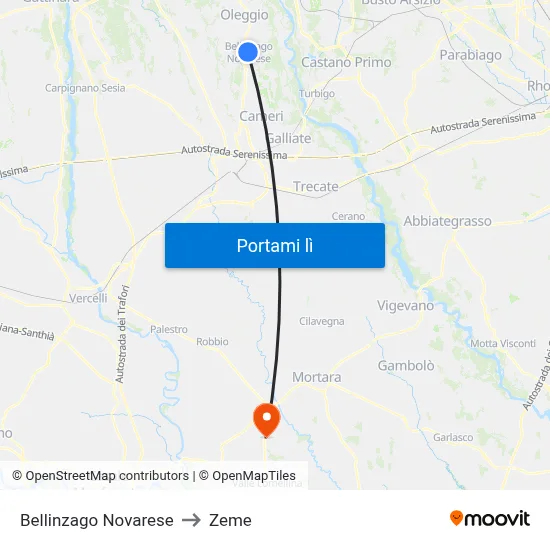 Bellinzago Novarese to Zeme map