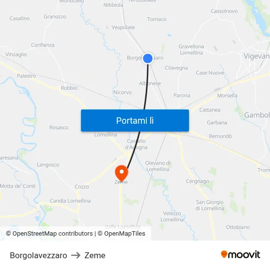 Borgolavezzaro to Zeme map