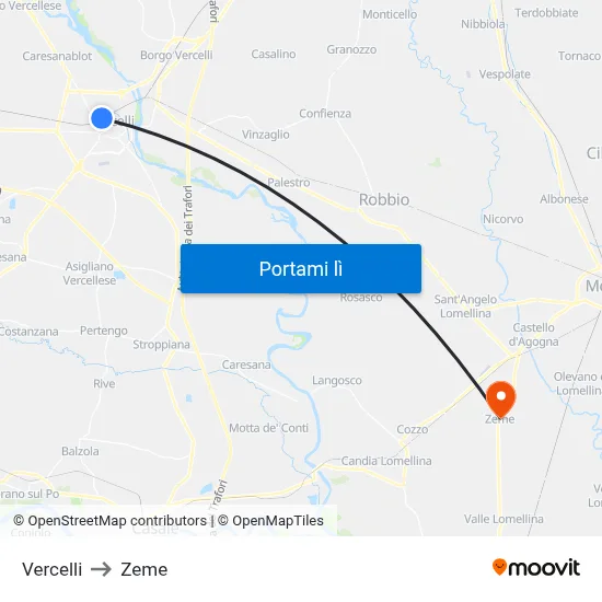 Vercelli to Zeme map