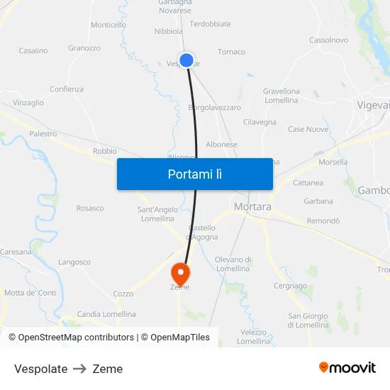 Vespolate to Zeme map