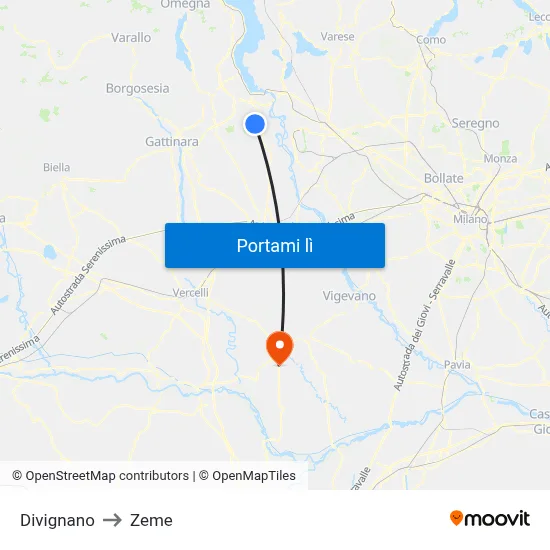 Divignano to Zeme map