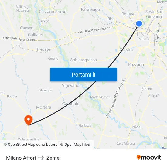 Milano Affori to Zeme map