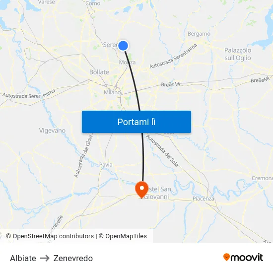 Albiate to Zenevredo map