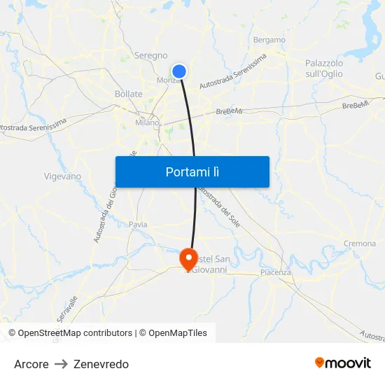 Arcore to Zenevredo map