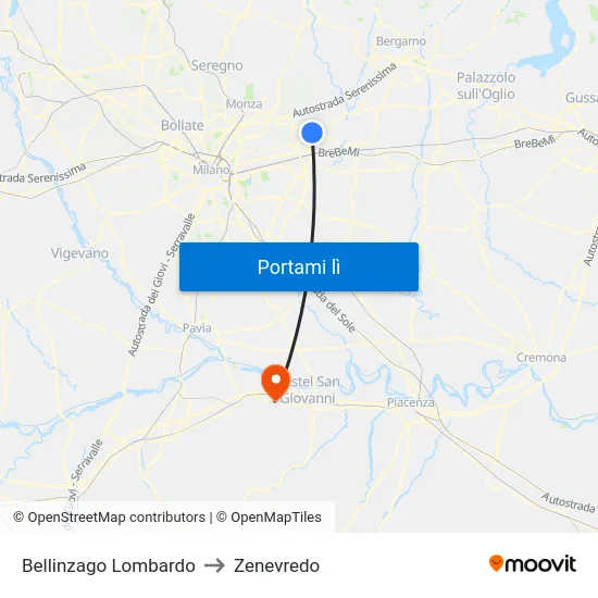 Bellinzago Lombardo to Zenevredo map