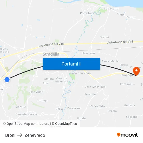Broni to Zenevredo map