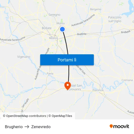 Brugherio to Zenevredo map