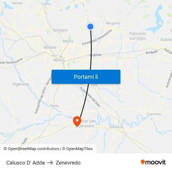 Calusco D' Adda to Zenevredo map