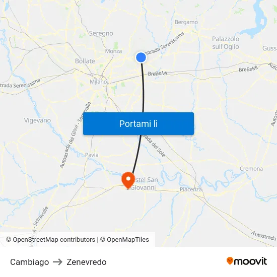 Cambiago to Zenevredo map