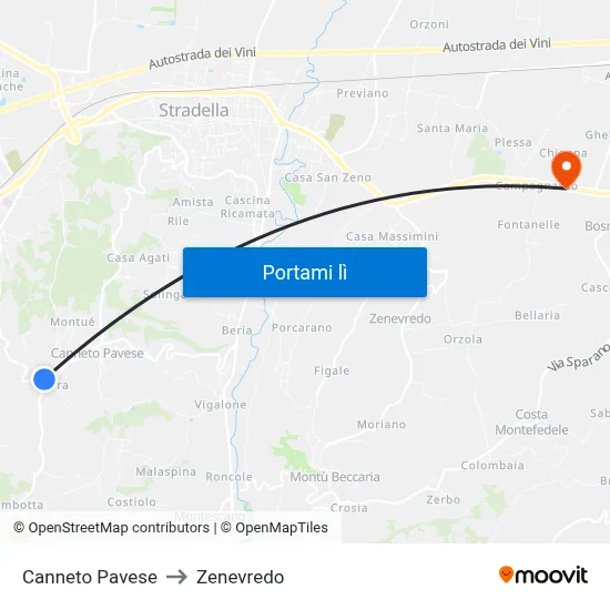 Canneto Pavese to Zenevredo map