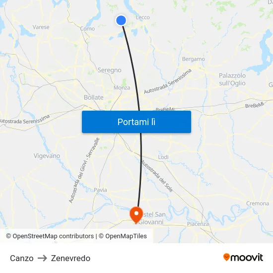 Canzo to Zenevredo map