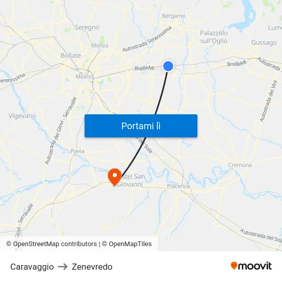 Caravaggio to Zenevredo map