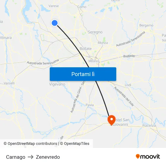 Carnago to Zenevredo map