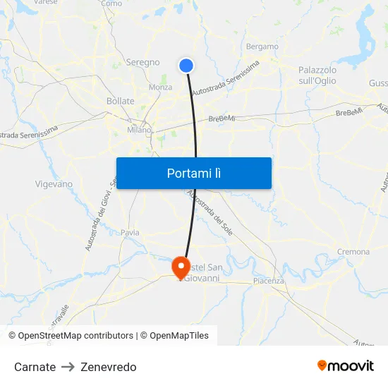 Carnate to Zenevredo map