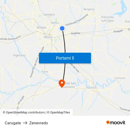 Carugate to Zenevredo map