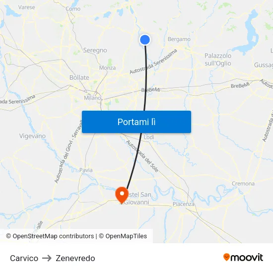 Carvico to Zenevredo map