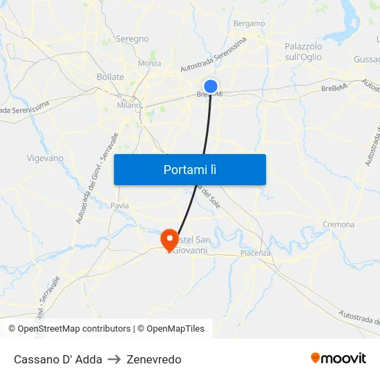 Cassano D' Adda to Zenevredo map