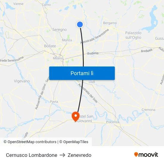 Cernusco Lombardone to Zenevredo map