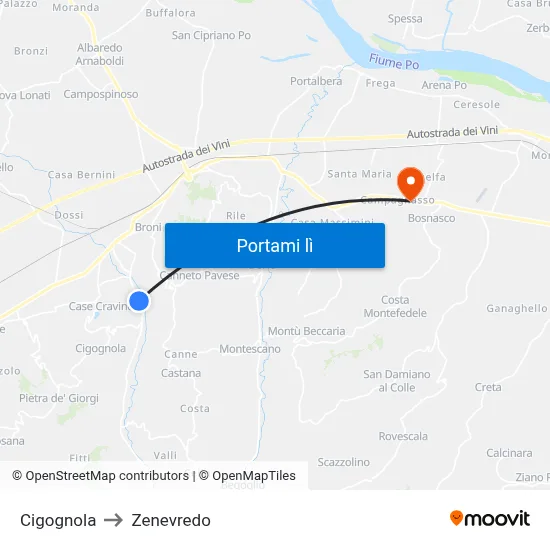 Cigognola to Zenevredo map
